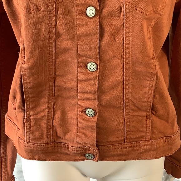 Kensie Vintage Luxe Pumpkin Rust Distressed Stretch Denim Jean Jacket Sz L - Picture 3 of 11